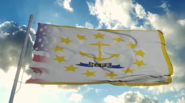 ABD ve Rhode Island bayrağı. ABD ve Wyoming Karışık Bayrağı rüzgarda dalgalanıyor