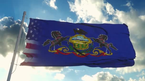 Флаг США и штата Пенсильвания. Смешанный флаг США и Пенсильвании, машущий ветром — стоковое видео