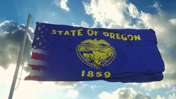 Bendera USA dan negara bagian Oregon. USA and Oregon Campuran Flag Waving in wind — Stok Video