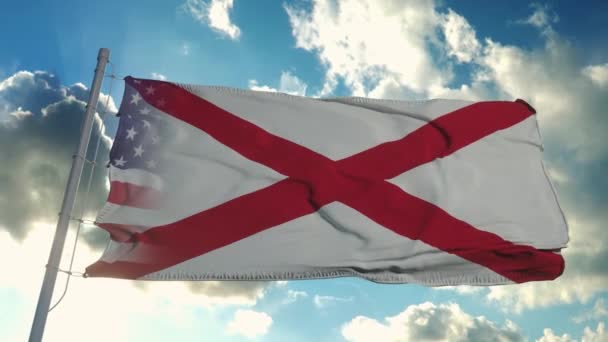Bandera de Estados Unidos y estado de Alabama. Estados Unidos y Alabama Bandera Mixta ondeando en el viento — Vídeos de Stock