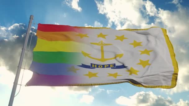 Flag of Rhode Island and LGBT. Rhode Island and LGBT Mixed Flag waving in wind — Stockvideo