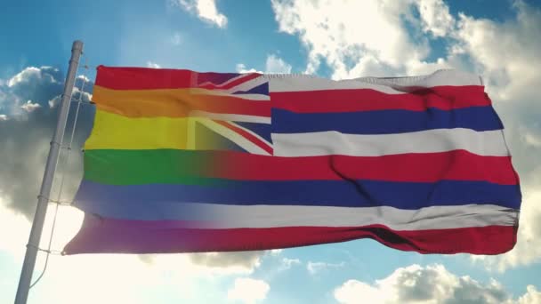 Hawaiis och HBTQ flagga. Hawaii och HBTQ Mixed Flag vinkar i vinden — Stockvideo