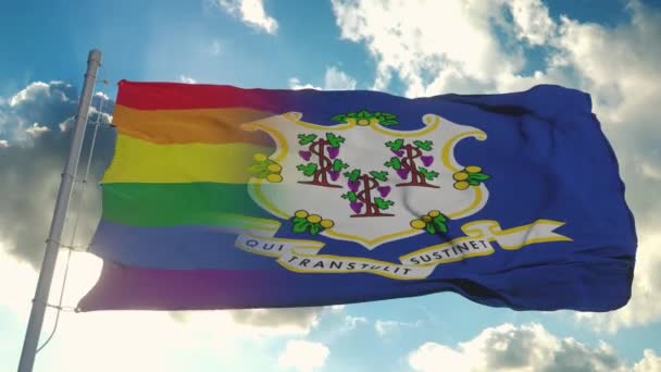 Vlag van Connecticut en LGBT. Connecticut en LGBT Gemengde vlag wapperend in de wind — Stockvideo