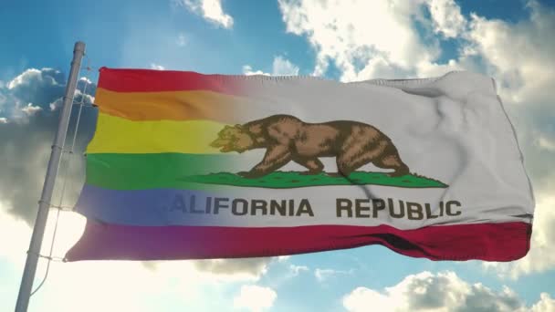 Bandeira da Califórnia e LGBT. Califórnia e LGBT Bandeira mista acenando no vento — Vídeo de Stock