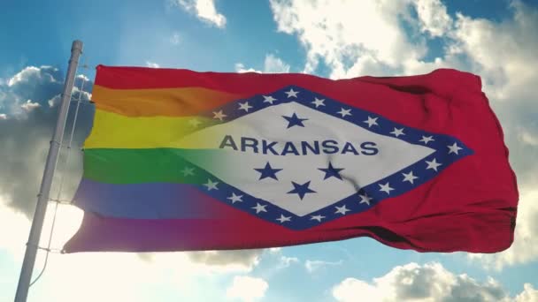 Vlag van Arkansas en LGBT. Arkansas en LGBT Gemengde vlag wapperend in de wind — Stockvideo