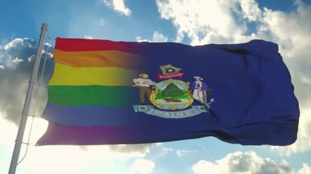 Drapeau du Maine et LGBT. Drapeau mixte Maine et LGBT agitant le vent — Video