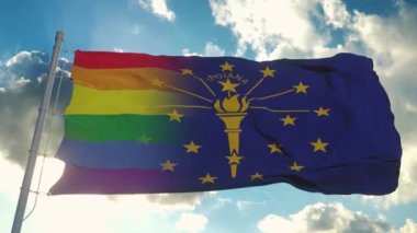 Indiana ve LGBT bayrağı. Indiana ve LGBT Rüzgarda dalgalanan Karışık Bayrak