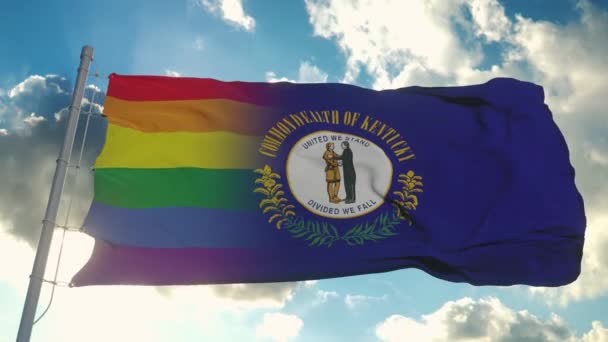 Vlag van Kentucky en LGBT. Kentucky en LGBT Gemengde vlag wapperend in de wind — Stockvideo