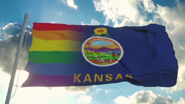 Vlag van Kansas en LGBT. Kansas en LGBT Gemengde vlag wapperend in de wind — Stockvideo