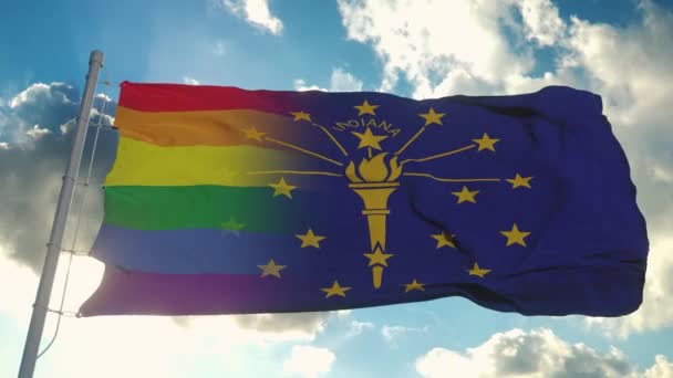 Indiana és az LMBT zászlaja. Indiana és LMBT vegyes lobogó a szélben — Stock videók