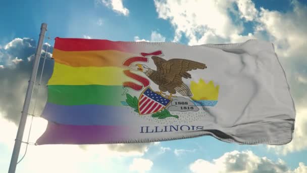 Bandera de Illinois y LGBT. Illinois y LGBT Bandera Mixta ondeando con viento — Vídeo de stock