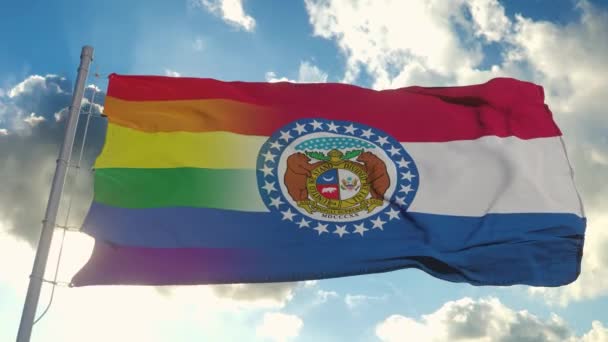 Σημαία Μιζούρι και ΛΟΑΤ. Missouri και ΛΟΑΤ Μεικτή σημαία κυματίζει στον άνεμο — Αρχείο Βίντεο