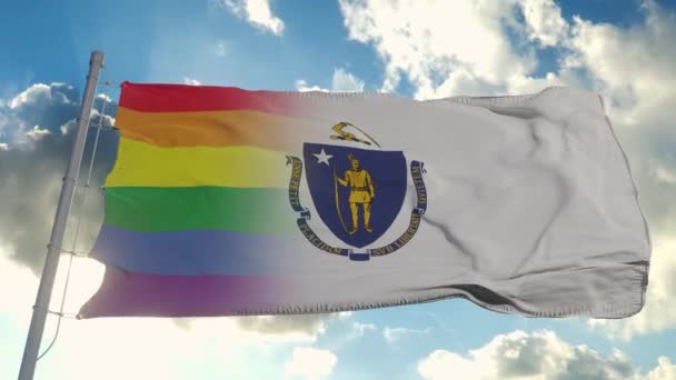 Vlag van Massachusetts en LGBT. Massachusetts en LGBT Gemengde vlag wapperen in de wind — Stockvideo