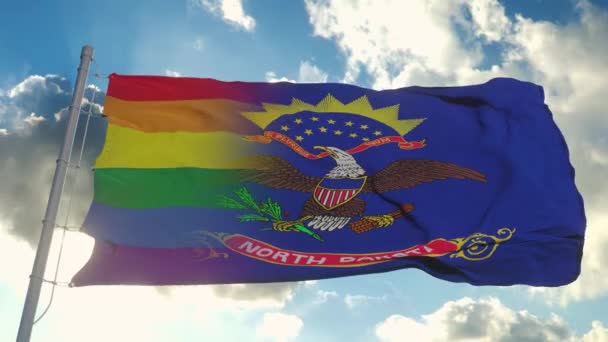 Vlag van North Dakota en LGBT. North Dakota en LGBT Gemengde vlag zwaaien in de wind — Stockvideo