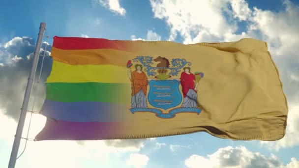 Bendera New Jersey dan LGBT. New Jersey dan bendera campuran LGBT melambai dalam angin — Stok Video