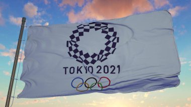 Tokyo 2021 Olimpiyat Oyunları bayrağı rüzgarda dalgalanıyor. 3d oluşturma.