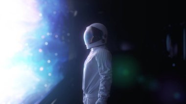 Futuristik Uzay Gemisi Odası 'nda tek başına bir astronot. 3d oluşturma.