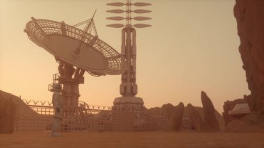 Mars gezegenindeki yalnız astronot, çöl manzarasındaki üsse bakıyor. 3d oluşturma.