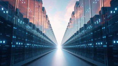 Bulutlardaki bilgisayar sunucuları. Bulut hesaplama konsepti. İletişim ağı. 3d oluşturma.