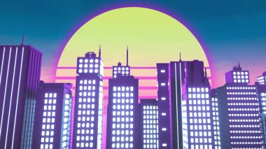 Neon şehrin Retrowave tarzı arka planı. 3d oluşturma.