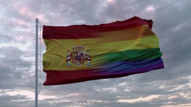İspanya bayrağı ve LGBT gökkuşağı bayrağı. 3d oluşturma.