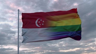 Singapur eyaleti ve LGBT gökkuşağı arka planında dalgalanan bayrak. 3d oluşturma.