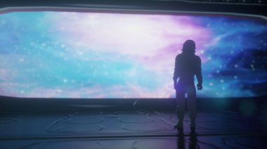 Fütürist uzay gemisinde yalnız astronot, oda, 3D görüntüleme..