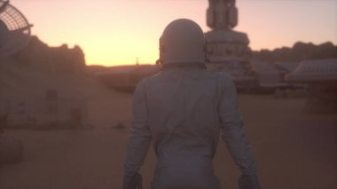 Mars yüzeyinde bir astronot. Mars kolonileşme kavramı. 3d oluşturma.