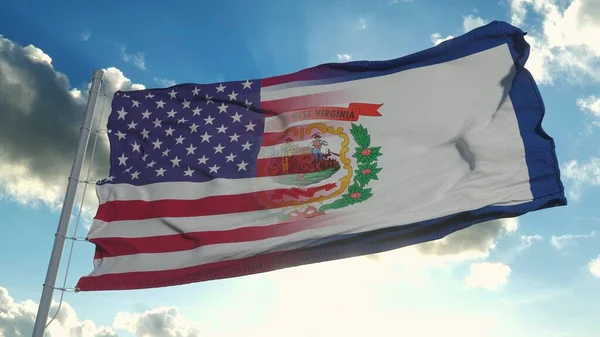 アメリカとウェストバージニア州の旗 アメリカとウェストバージニア州風になびく混合旗 3Dレンダリング — ストック写真