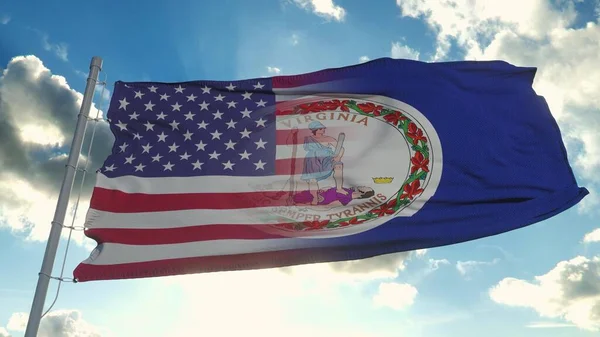 アメリカとウェストバージニア州の旗 アメリカとウェストバージニア州風になびく混合旗 3Dレンダリング — ストック写真