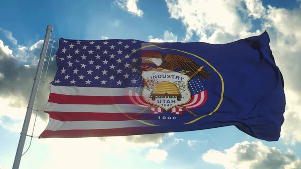 Usa Utah Állam Zászlaja Usa Utah Vegyes Zászló Integetett Szélben — Stock Fotó