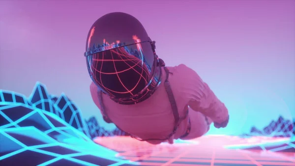 Astronauta Rodeado Luces Neón Intermitentes Fondo Onda Sintética Estilo Retro —  Fotos de Stock