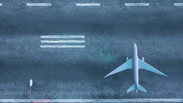 Top down view of airplanes parked on airport runway. 3d rendering.