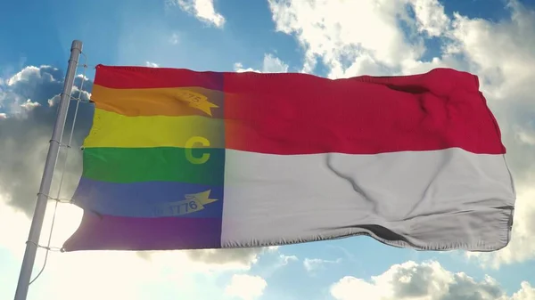 Flag of North Carolina and LGBT. North Carolina and LGBT Mixed Flag waving in wind. 3d rendering.