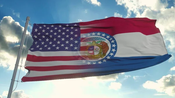 美国和密苏里州的国旗 美国和密苏里混合国旗在风中飘扬 3D渲染 — 图库照片