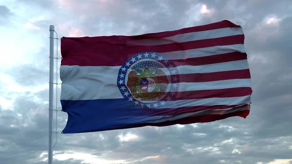 アメリカとミズーリ州の混合旗風の中で手を振る ミズーリ州とアメリカは旗竿に旗を掲げた 3Dレンダリング — ストック写真