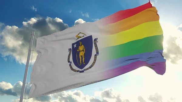 マサチューセッツ州とLgbtの旗 マサチューセッツ州とLgbt混合フラグ風の中で手を振る 3Dレンダリング — ストック写真