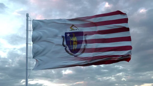 Abd Massachusetts Karışık Bayrağı Rüzgarda Sallıyor Bayrak Direğinde Massachusetts Abd — Stok fotoğraf