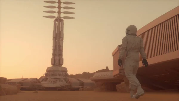 Astronaut Går Mars Yta Utforskar Uppdraget Till Mars Futuristisk Kolonisation — Stockfoto