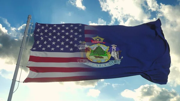 Abd Maine Eyaletlerinin Bayrağı Abd Maine Karışık Bayrağı Rüzgarda Dalgalanıyor — Stok fotoğraf