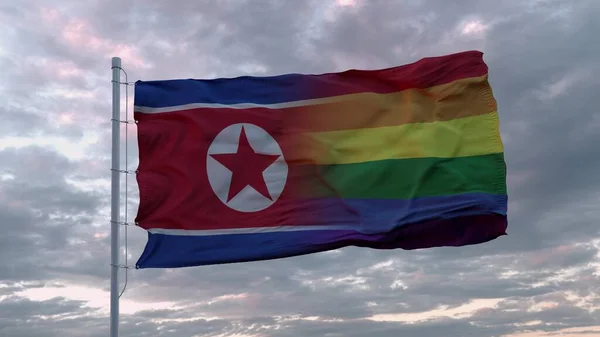 Waving flag of North Korea state and LGBT rainbow flag background. 3d rendering.