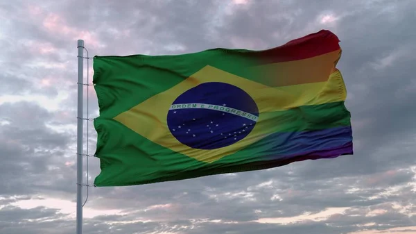 Ondeando Bandera Brasil Fondo Bandera Del Arco Iris Lgbt Renderizado — Foto de Stock