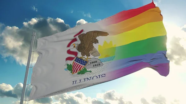 Flag of Illinois and LGBT. Illinois and LGBT Mixed Flag waving in wind. 3d rendering.