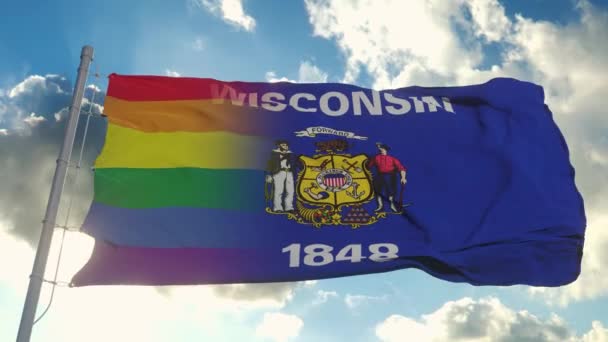 Flag of Wisconsin and LGBT. Wisconsin and LGBT Mixed Flag waving in wind — Αρχείο Βίντεο