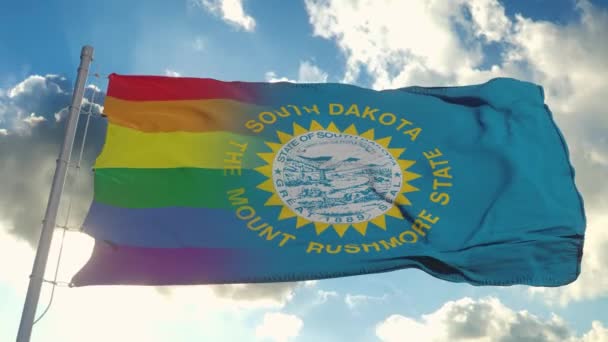 Flag of South Dakota and LGBT. South Dakota and LGBT Mixed Flag waving in wind — Stockvideo