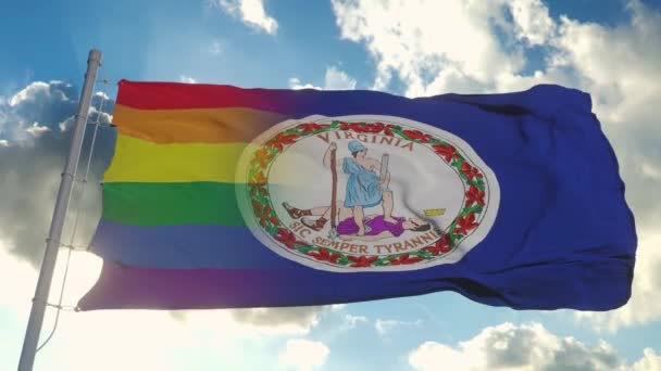 Flag of Virginia and LGBT. Virginia and LGBT Mixed Flag waving in wind — Vídeos de Stock