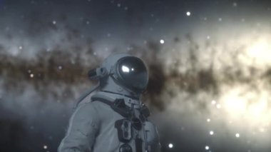 Astronot, yabancı gezegenin yüzeyinde kraterlerin arasında duruyor. Uzay keşfi kavramı