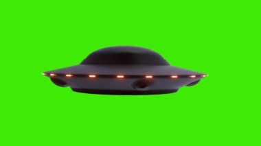 Yeşil ekranda gerçekçi bir UFO. Kırmızı ışıkları olan uçan daire yeşil ekran arka planında izole edilmiş.
