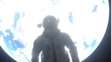 Ay 'ın yüzeyinde Dünya gezegeninin arka planına karşı tek başına duran astronot.