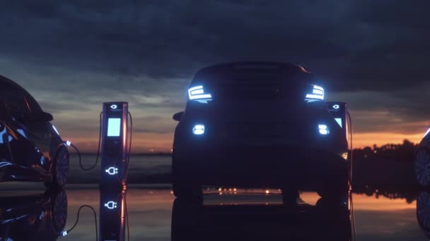 Estación de carga para coches eléctricos. Coches eléctricos en la estación de carga — Vídeos de Stock